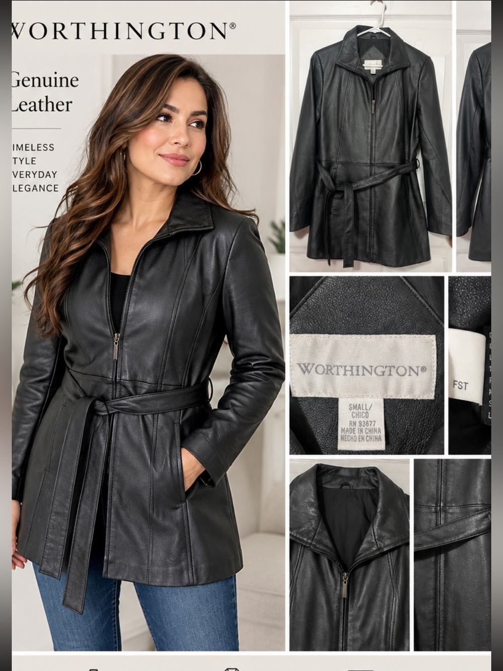 Worthington Black Leather Belted Zip Jacket